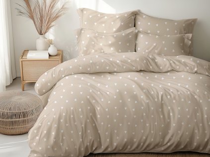 Ložní povlečení bavlněné Stanex srdíčka latte (LS432), 140 x 200 + 90 x 70, Zip