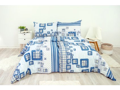 Ložní povlečení bavlněné Stanex káro modré (LS74), 140 x 200 + 90 x 70, Knoflíkové