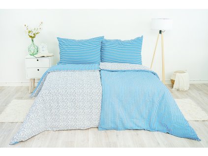 Ložní povlečení krepové Stanex kvítek-pruh modrý (LS194), 140 x 200 + 90 x 70, Knoflíkové