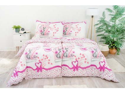Ložní povlečení bavlněné Stanex kočičky růžové (LS332), 140 x 200 + 90 x 70, Knoflíkové