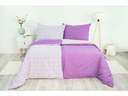Ložní povlečení krepové Stanex kvítek-pruh fialový (LS196), 140 x 200 + 90 x 70, Knoflíkové