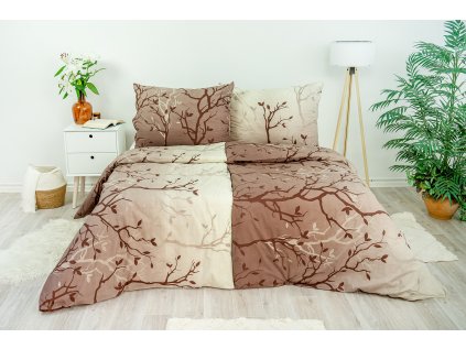 Ložní povlečení bavlněné Stanex větvičky hnědé (LS232), 140 x 200 + 90 x 70, Knoflíkové