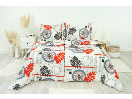Ložní povlečení bavlněné Stanex kapradí šedo červené (LS77), 140 x 200 + 90 x 70, Knoflíkové