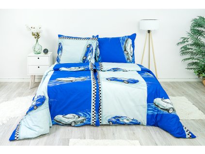 Ložní povlečení bavlněné Stanex auta modrá (LS122), 140 x 200 + 90 x 70, Knoflíkové