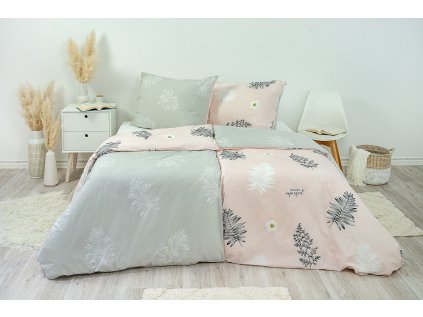 Ložní povlečení bavlněné Stanex kapradí růžovo-šedé (LS292), 140 x 200 + 90 x 70, Knoflíkové