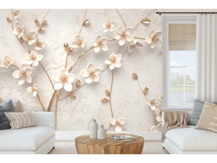 3D tapeta krémové květy interior