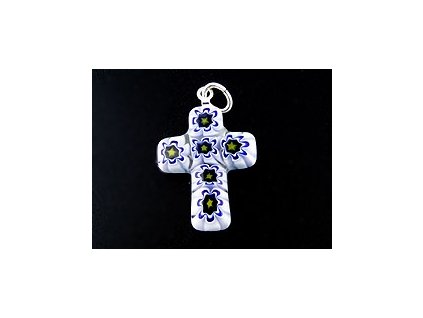 MILLEFIORI CROSS CRYSTAL WHITE BLUE FLOWER 23x18mm