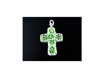 MILLEFIORI CROSS WHITE GREEN FLOWER 23x18mm