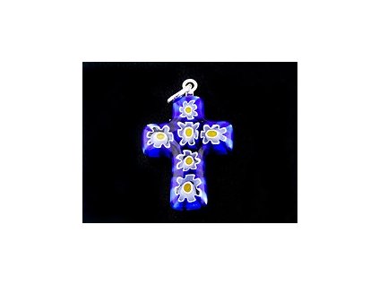 MILLEFIORI CROSS BLUE CRYSTAL-WHITE FLOWER 23x18mm