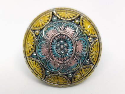 Knoflík Krajka Tyrkys Žlutá 32mm