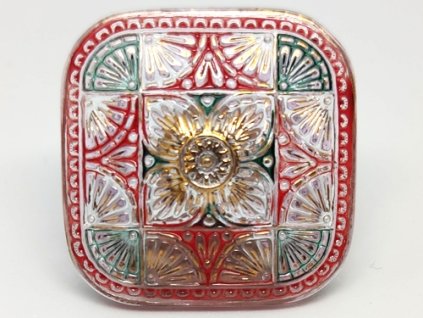 Knoflík Čtverec Zlatá Červená 32mm