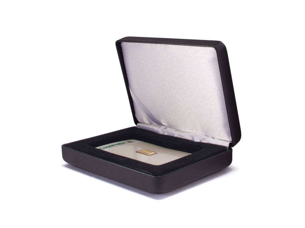 nobile case for one embossed gold bar in blister packaging in landscape format black