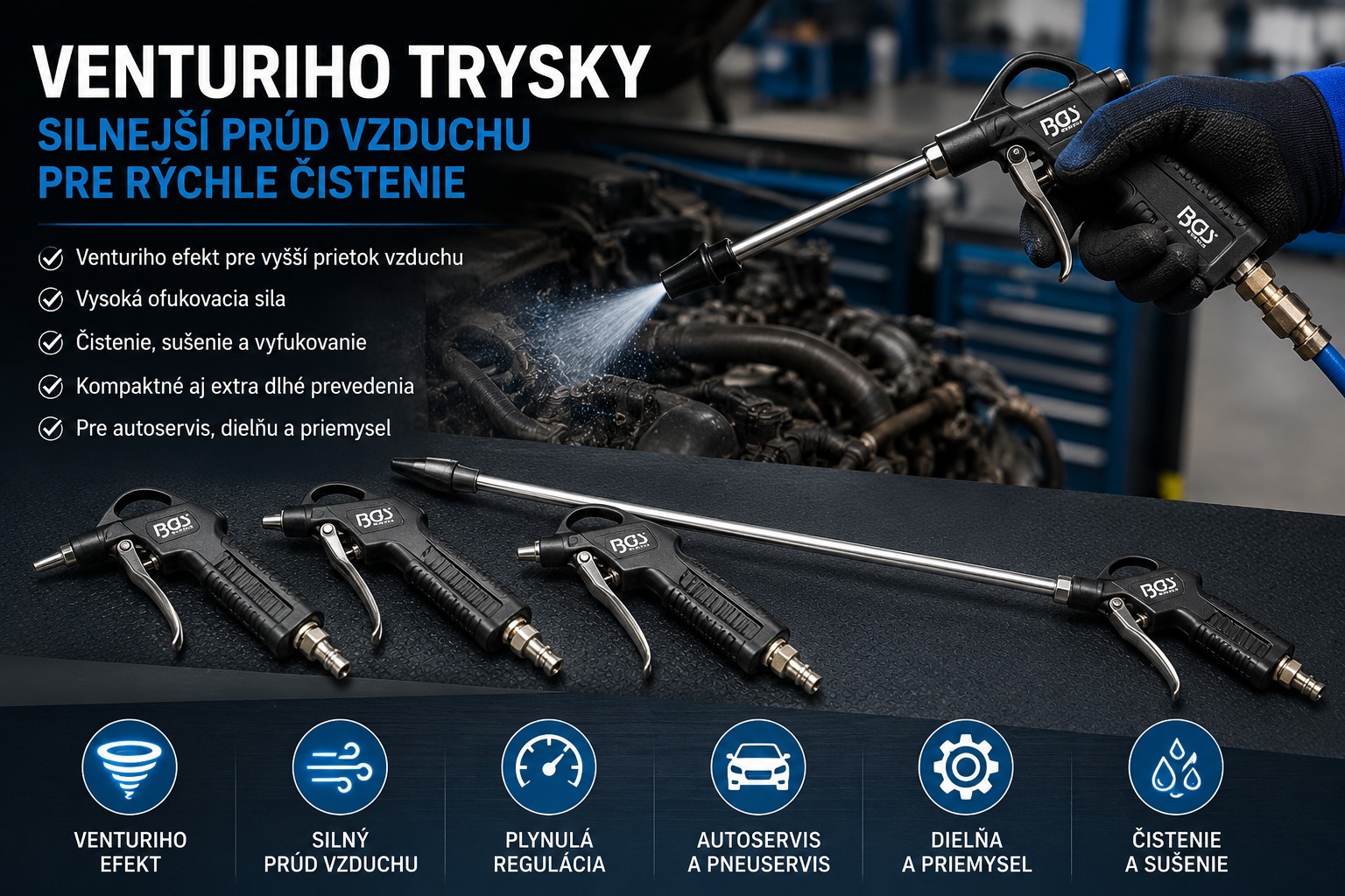Venturiho tryska: silnejší prúd vzduchu pre rýchle čistenie v autoservise