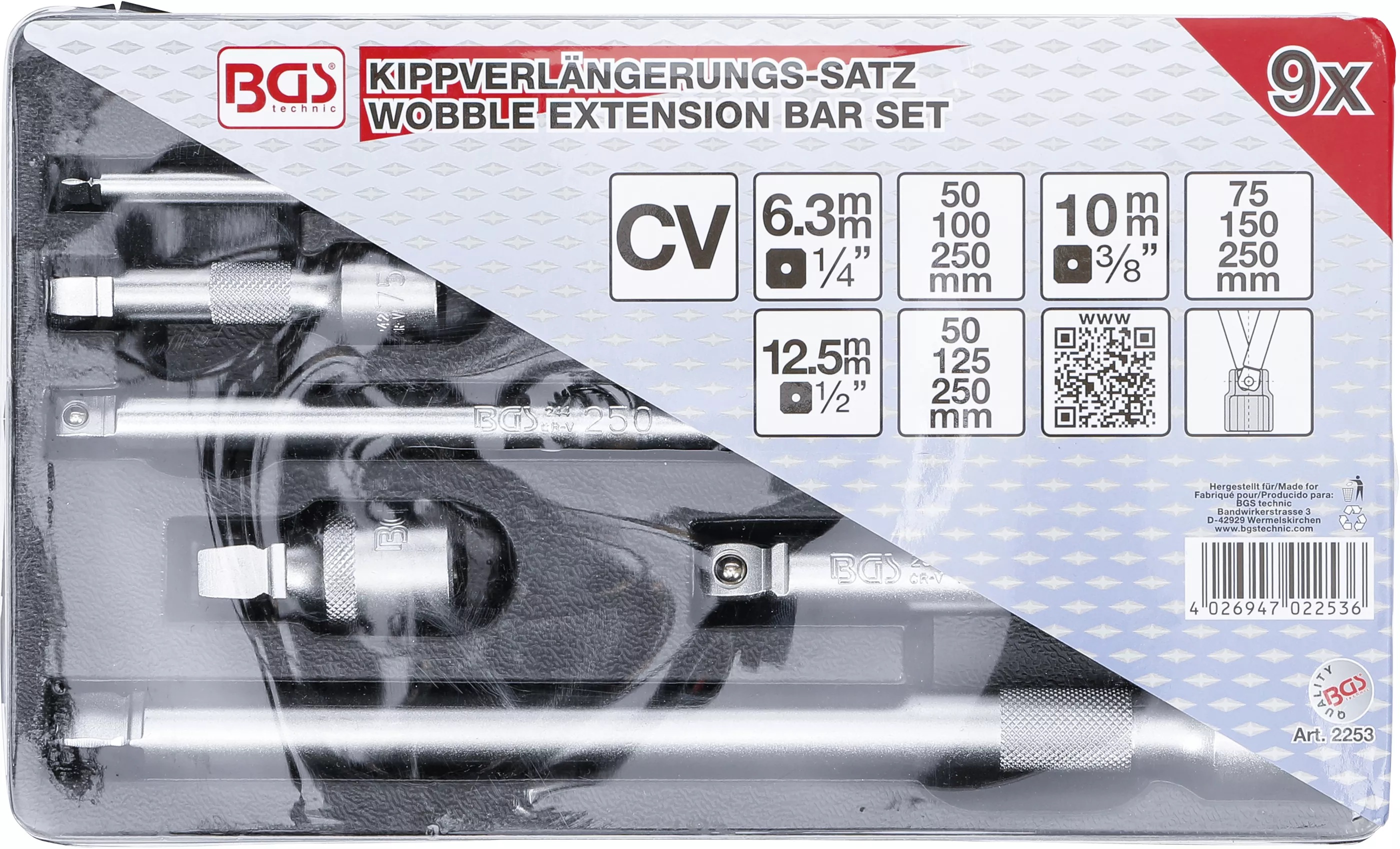 BGS Technics Sada predlžovákov „Wobble” (výkyvný štvorhran) | 6.3 mm (1/4") / 10 mm (3/8") / 12.5 mm (1/2") | 9 ks (BGS 2253)