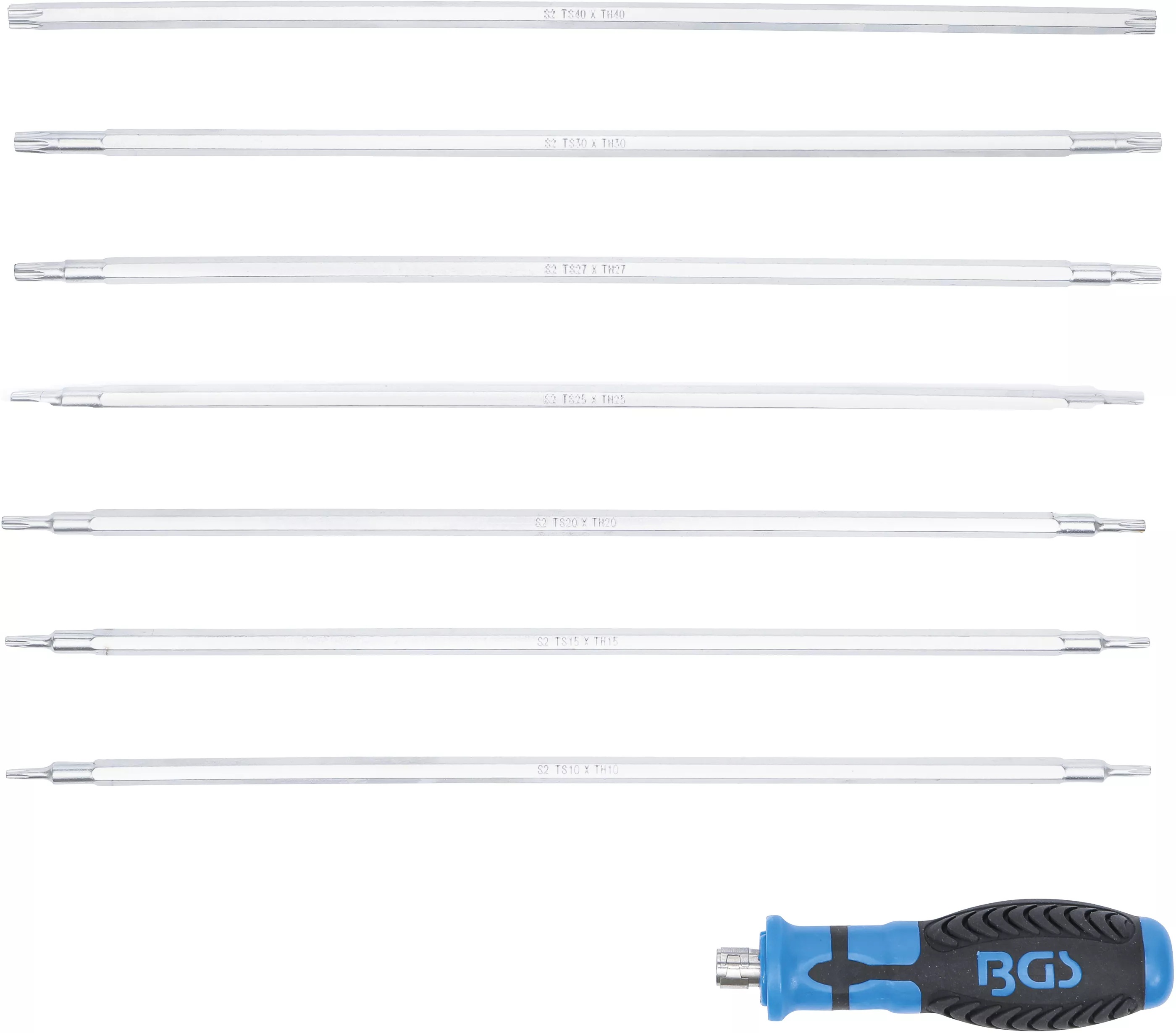 BGS Technics Sada skrutkovačov s výmennými čepeľami | T-profil (pre Torx) / T profil (pre Torx Plus) s otvorom | 8-dielna
