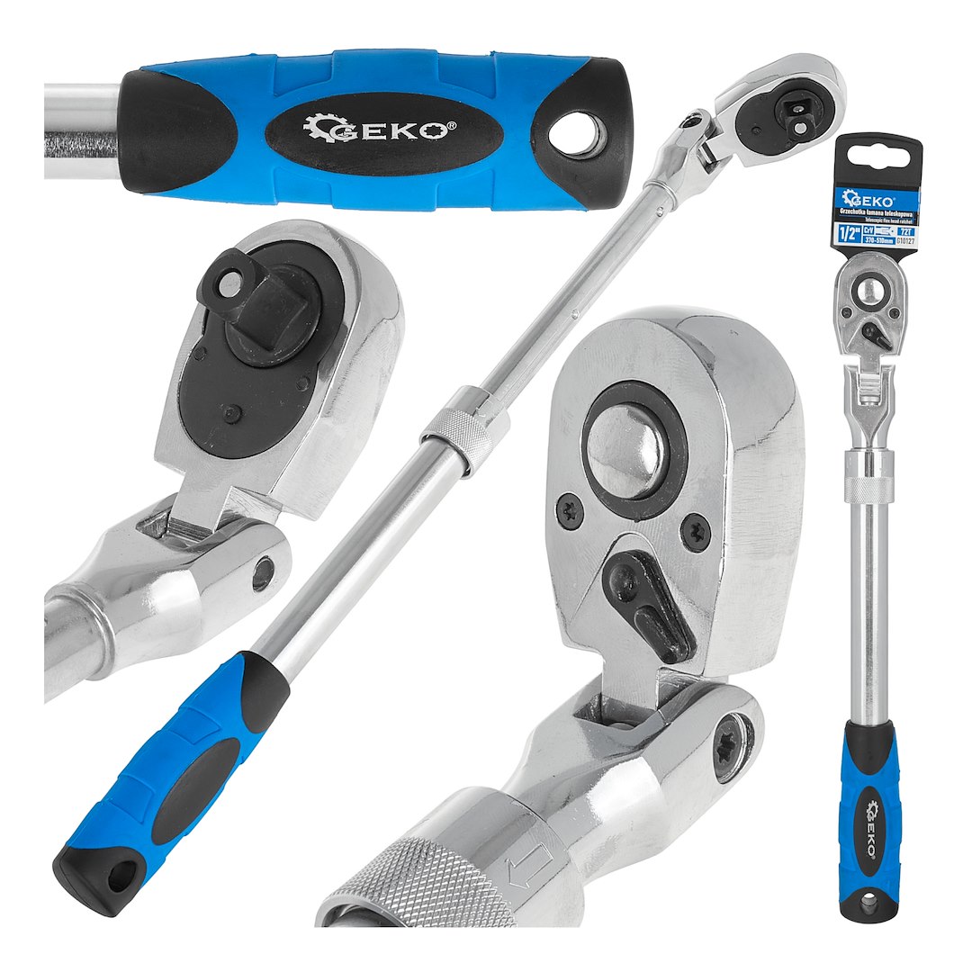 GEKO – teleskopická račňa 1/2" s kĺbovou hlavou 370–510 mm (72 zubov, CrV)