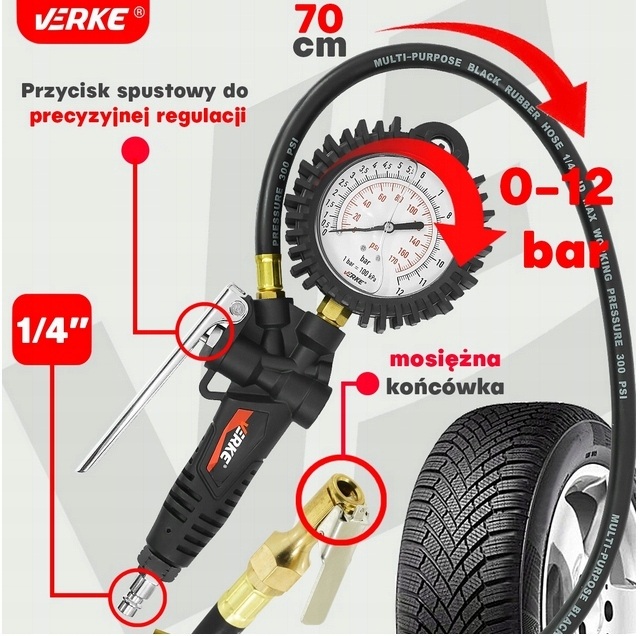VERKE Pištoľ na hustenie kolies s manometrom 0–12 bar