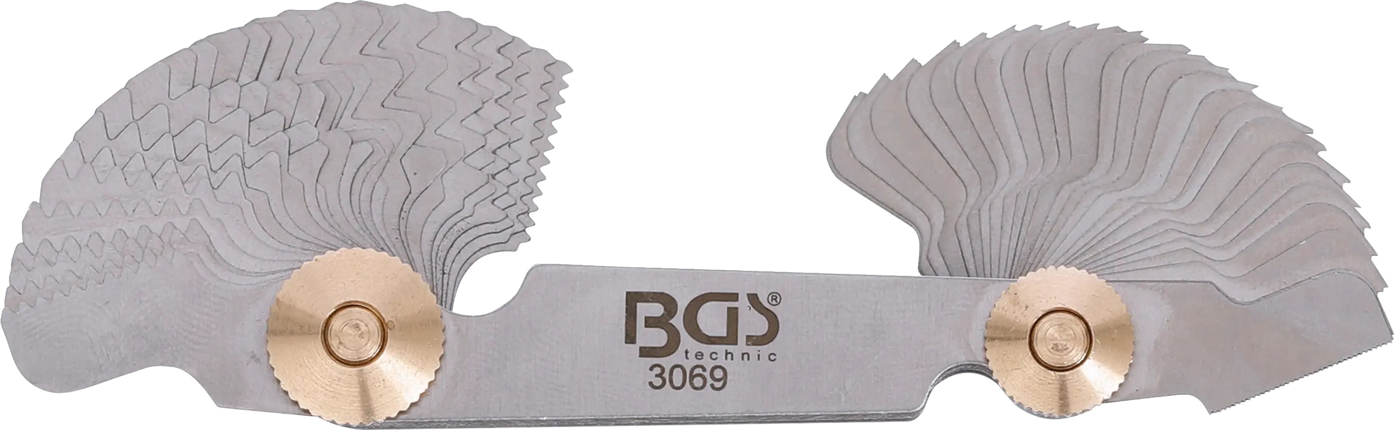 BGS Technics Dvojitá závitová mierka 52 listov, metrická 0,25 – 6,0 mm / Whitworth 4G – 62G BGS