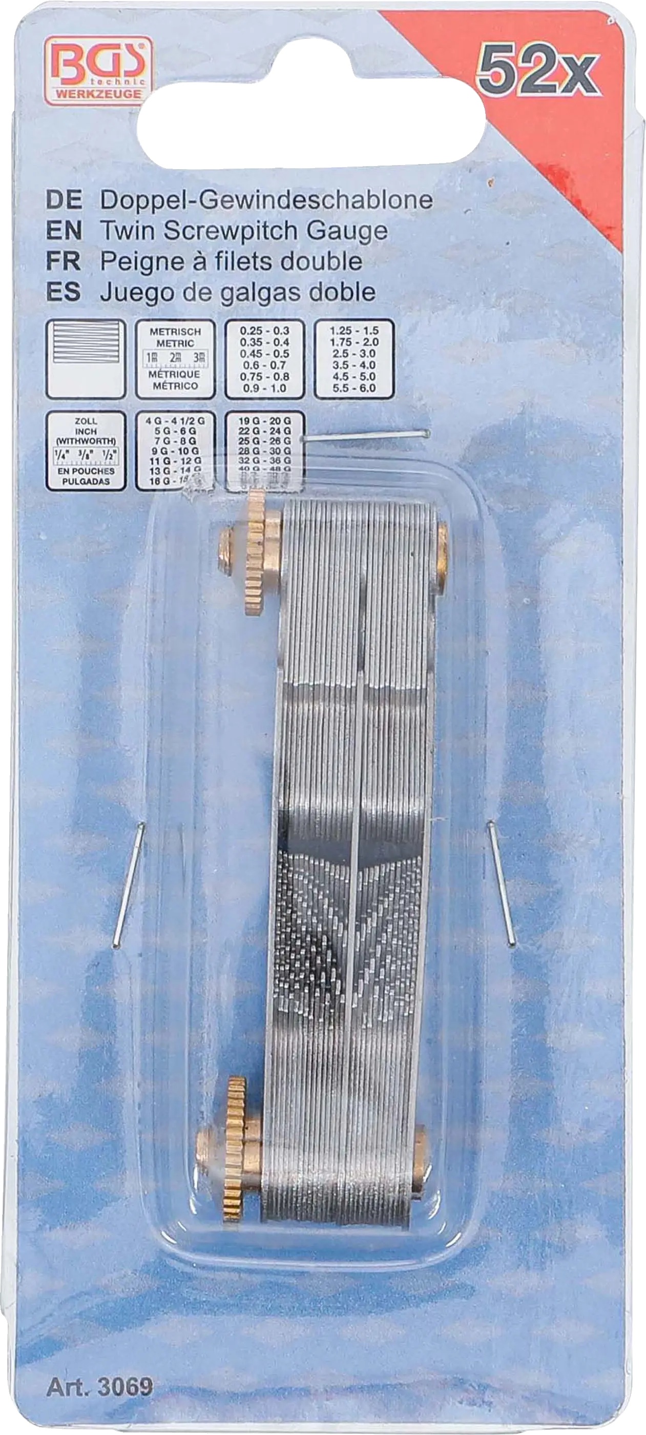 BGS Technics Dvojitá závitová mierka 52 listov, metrická 0,25 – 6,0 mm / Whitworth 4G – 62G BGS