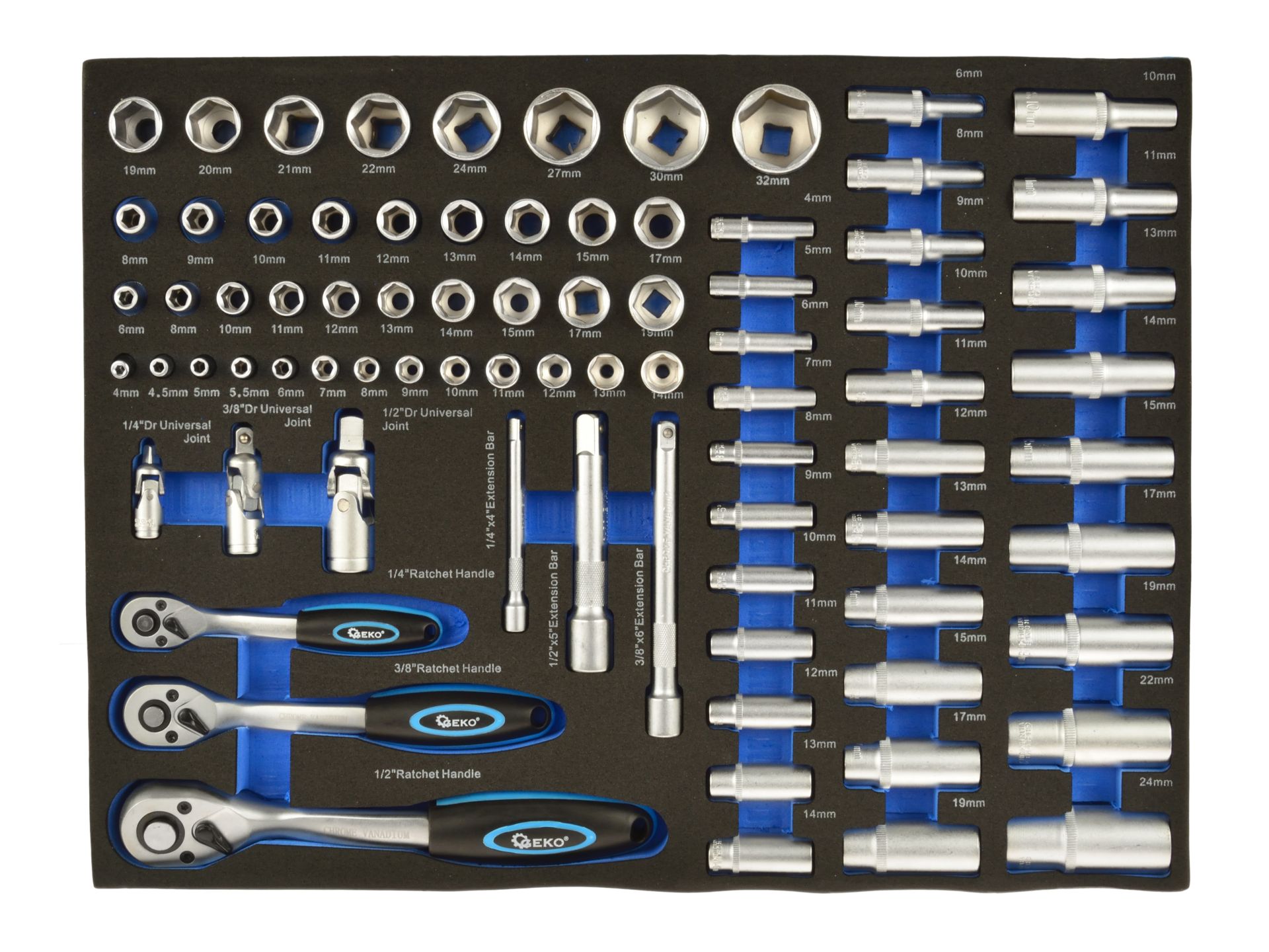 Geko Penová vložka s gola sadou 1/4", 3/8", 1/2" – 80 dielov