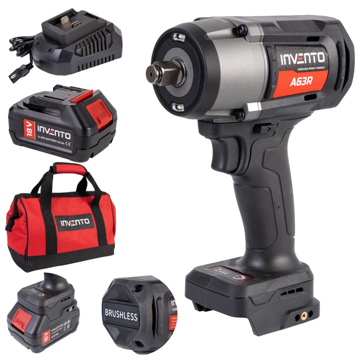 TIP-TOPOL Aku rázový uťahovák 1/2" INVENTO A63R 1180 Nm - SET 2x 4Ah, taška, nabíjačka