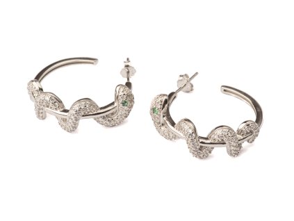 Náušnice - kruhy - stočený had se zirkony, stříbrné (rhodium) - Ø 2,5 cm