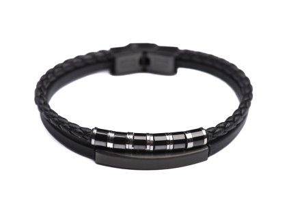 Pánský náramek s destičkou a korálky, kožený, z oceli - 21 cm