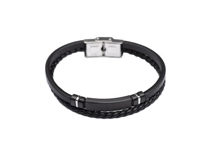 Pánský náramek s destičkou, proplétaný, kožený, z oceli - 21 cm
