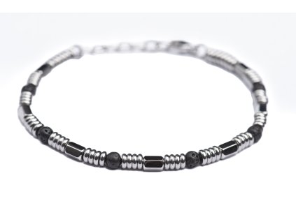 Pánský náramek z korálků, černý, stříbrný - ocel, 18 - 21 cm