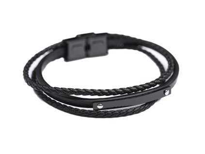 Pánský náramek s destičkou, proplétaný, kožený, z oceli - 21 cm