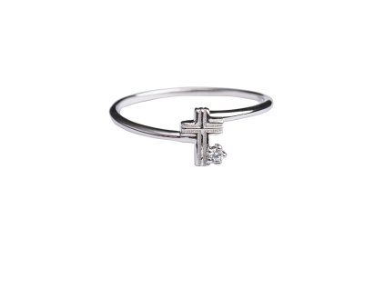 Prsten s křížkem a zirkonem, stříbrný (rhodium)
