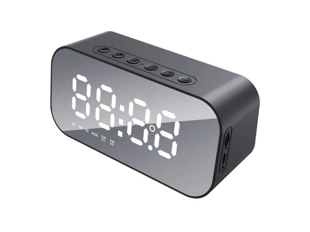 Bluetooth reproduktor s digitálními hodinami, budík, FM rádio - černý