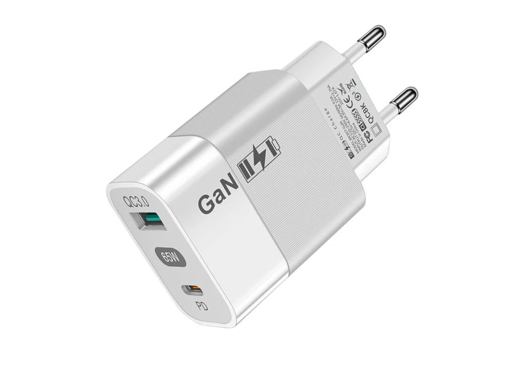 Nabíječka do sítě Techsuit (CHPD131) - GaN, USB, Type-C, Fast Charge, 65W - bílá