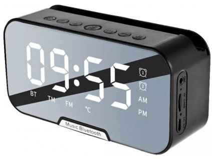 Bluetooth reproduktor s digitálními hodinami, budík, FM rádio - černý