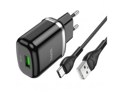 Nabíječka do sítě USB 18W QC3.0 3A + kabel USB-C 1m HOCO N3 Rychlé nabíjení USB typ C černá