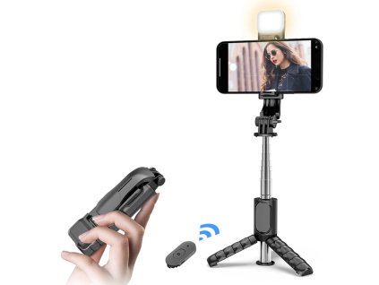Selfie tyč Tripod Techsuit (Q11s) – Stabilní stativ s dálkovým ovládáním Bluetooth a výplňovým světlem, otáčení o 360, 76 cm – černý