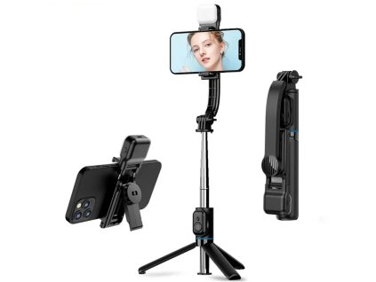 Selfie tyč Tripod Techsuit (C01s) – se skládacím stabilním stativem, dálkovým ovládáním Bluetooth, výplňovým světlem, 107 cm – černá