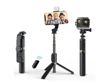 Selfie tyč Tripod Techsuit (Q03s) – Stabilní stativ s dálkovým ovládáním Bluetooth a výplňovým světlem, hliníková slitina, 76 cm – černá