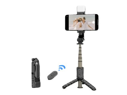 Selfie tyč Tripod Techsuit (Q10s) – Stabilní stativ s dálkovým ovládáním Bluetooth, výplňové světlo, rotace o 360, 70 cm – černá