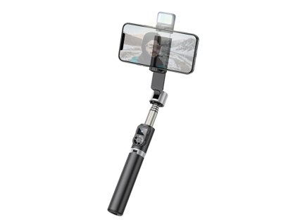 Selfie tyč Tripod Hoco (K16), BT 4.0, s bezdrátovým Bluetooth dálkovým ovladačem a světlem, 80 cm – Černá