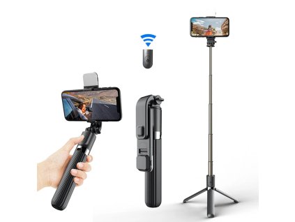 Selfie tyč Tripod Techsuit (L03S) – s dálkovým ovládáním Bluetooth, stabilní držák na stativ, LED světlo, 84 cm – černá