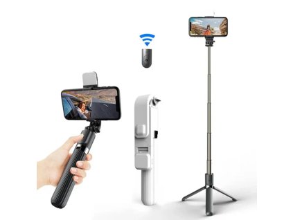 Selfie tyč Tripod Techsuit (L03S) – s dálkovým ovládáním Bluetooth, stabilní držák na stativ, LED světlo, 84 cm – bílá