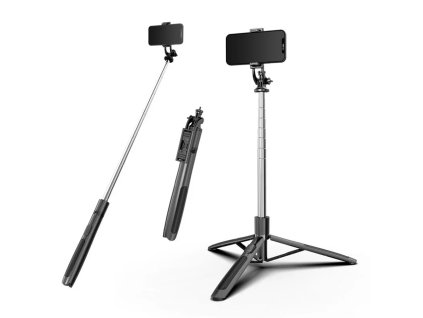 Selfie tyč Tripod Techsuit (Q05) - Stabilní stativ s dálkovým ovládáním Bluetooth, otáčení o 360, nerezová ocel, 158 cm - černá