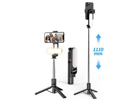 Selfie tyč Tripod Techsuit (L15) – Přenosný stabilní stativ, Odnímatelné LED světlo s bezdrátovým dálkovým ovládáním, 114 cm – Černá