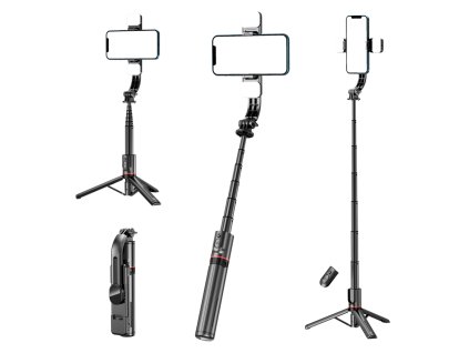 Selfie tyč Tripod Techsuit L12D  Stabilní stativ s dálkovým ovládáním Bluetooth, 2x odnímatelné LED světlo, 108 cm - černý