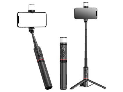 Selfie tyč Tripod Techsuit Q12S Stabilní držák na stativ s dálkovým ovládáním Bluetooth a LED světlem, 77 cm – černý