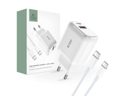 Nabíječka do sítě Tech-Protect C20W 2 - portová, rychlé nabíjení PD20W / QC3.0 + kabal typ USB - C bílá