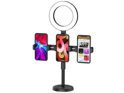 Kruhové světlo pro nahrávání videa / Vlog / Držák živého přenosu pro 3 smartphony + LED kruhové světlo KAKU Live Desktop (KSC-469) černý