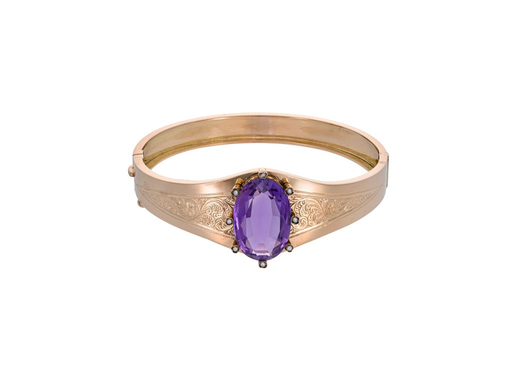 Zlatý starožitný náramek s přírodním ametystem (11,5 ct) a perličkami