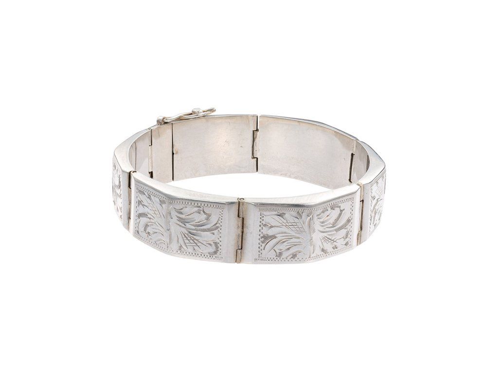 Stříbrný článkový náramek s rytým dekorem